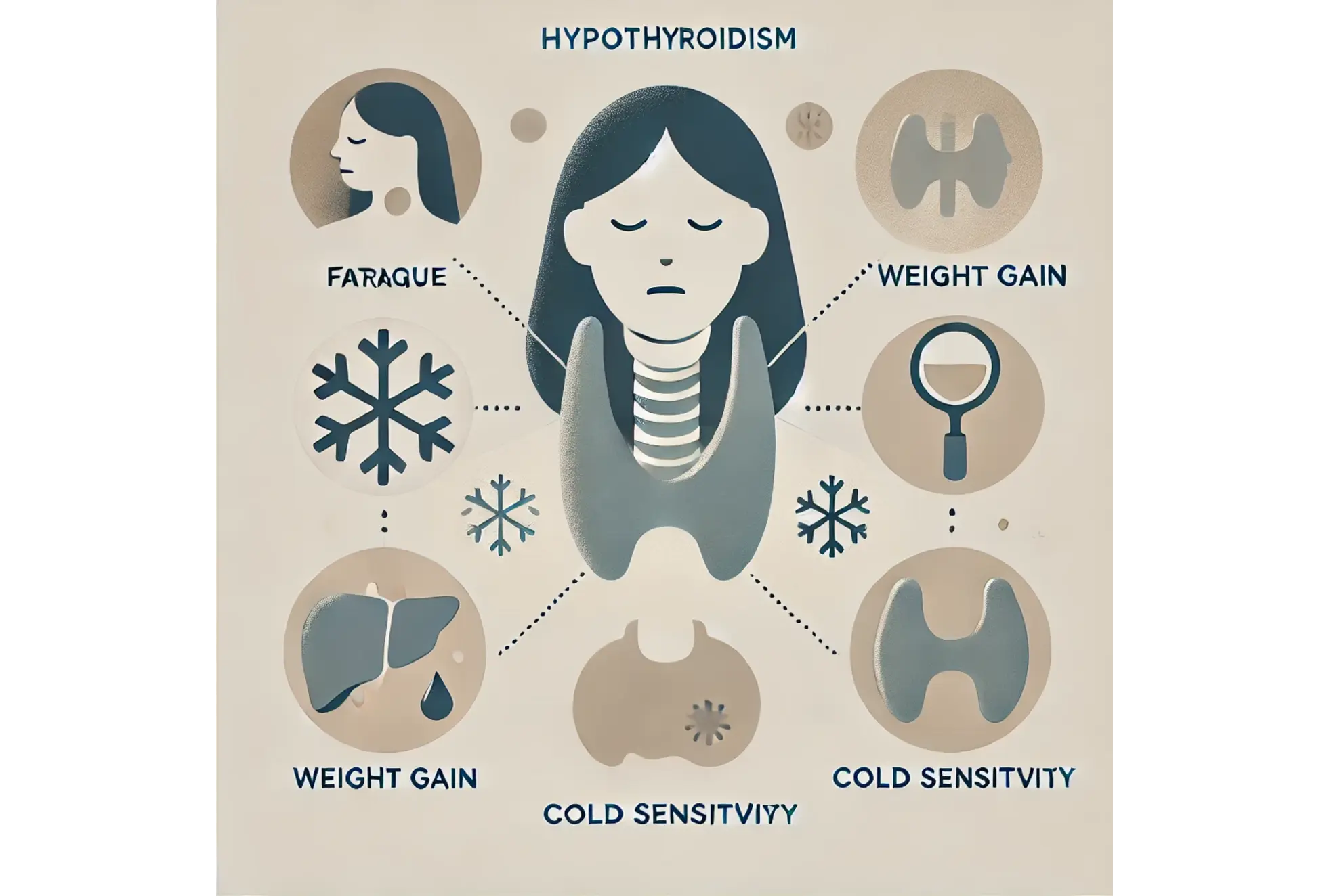 Illustration depicting the causes, signs, symptoms, and management of hypothyroidism