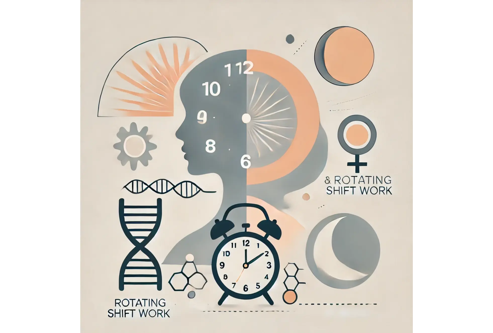 Minimalist illustration showing the impact of night and rotating shift work on women’s health and hormones, featuring a clock, hormonal symbols, and day-night contrast.